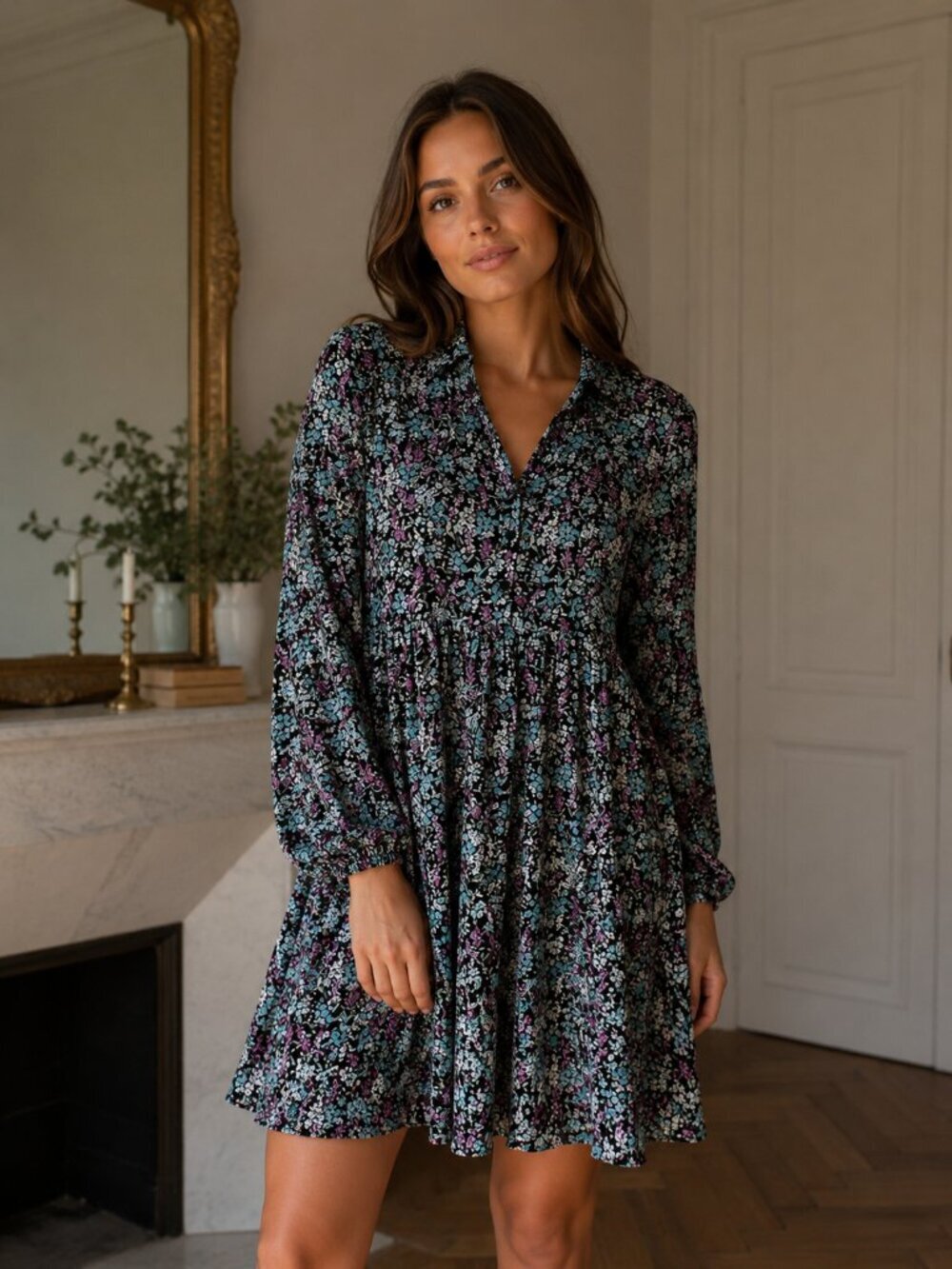 Zara Ditsy Floral Long Sleeve Babydoll Shirt Dress Size  Large